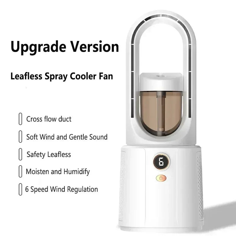 Ventilador de dormitorio sin hojas con refrigeración por pulverización y luz nocturna: minienfriador de aire silencioso para dormir mejor en verano