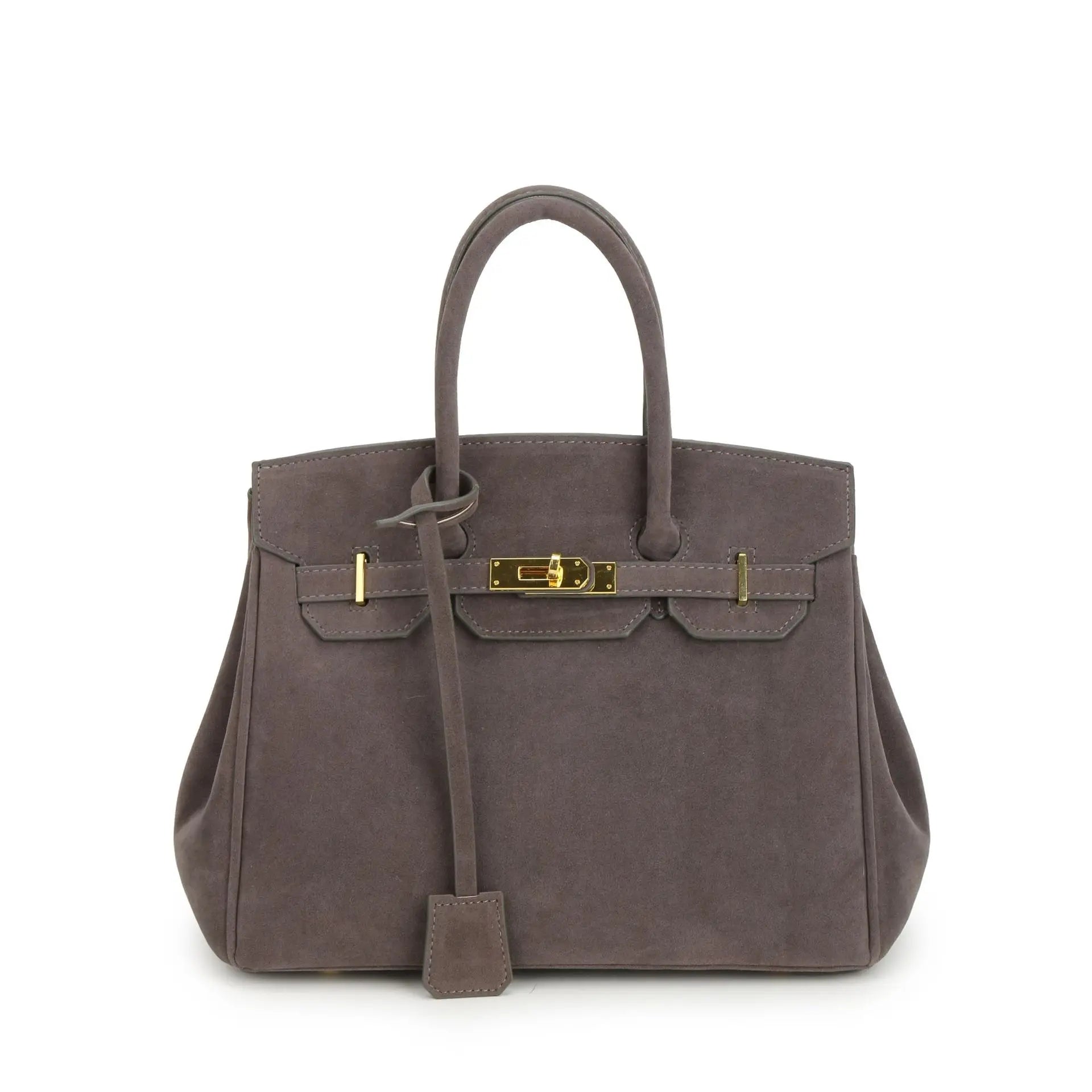 Sac à main en cuir gris taupe, style Birkin, avec fermoir doré et anses élégantes. Accessoire de luxe, mode féminine, tendance.