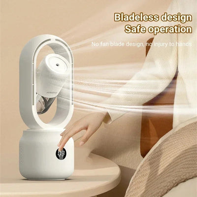 Ventilador sin aspas con luz nocturna y función de rociado: silencioso y portátil para dormitorio y oficina.
