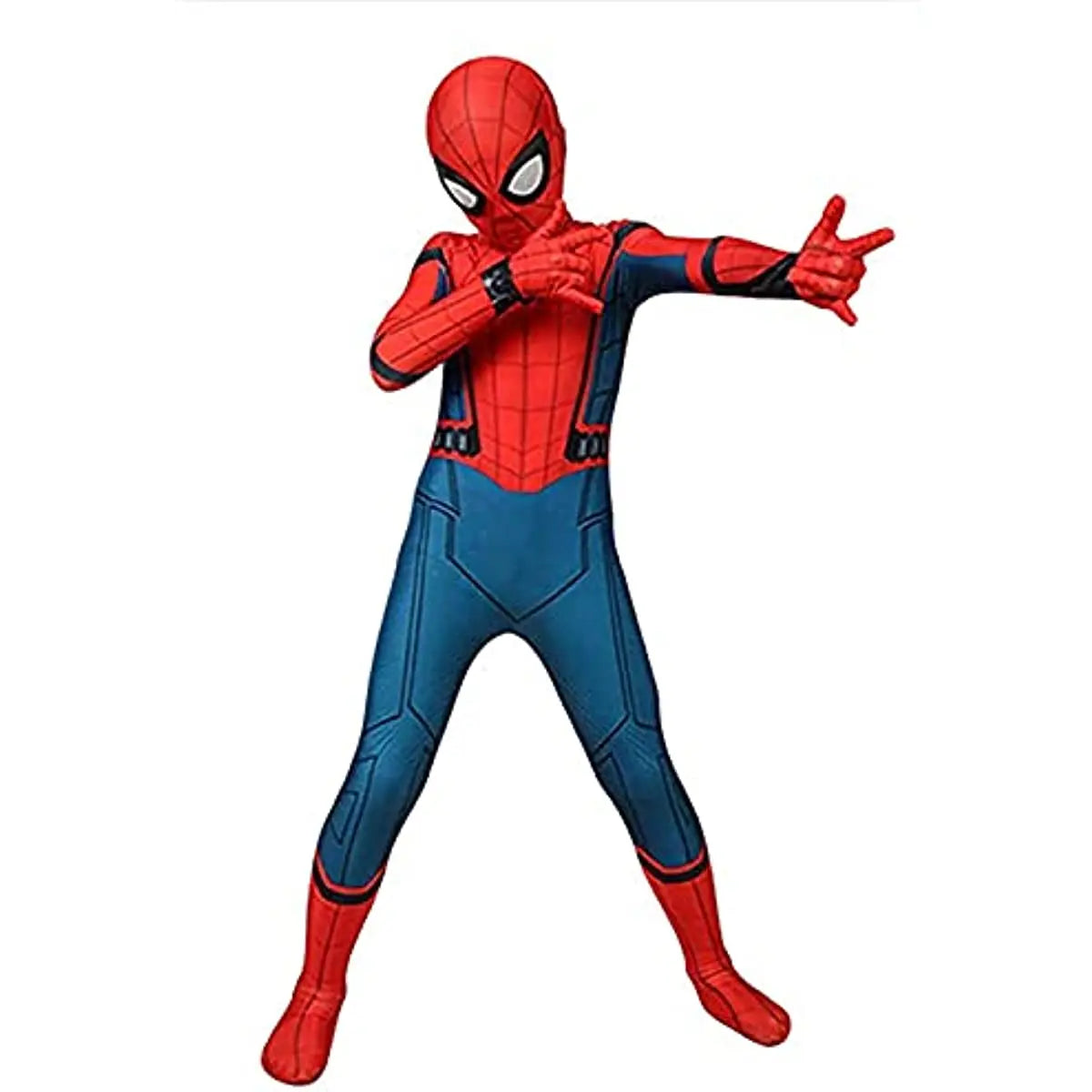 Costume de Spider-Man pour enfant, rouge et bleu, avec motif de toile et masque intégré. Idéal pour déguisement, fête, carnaval, super-héros.