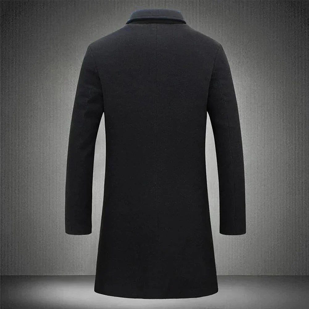 Manteau noir élégant pour homme, coupe longue, col classique, style moderne, idéal pour l'hiver et les occasions formelles.