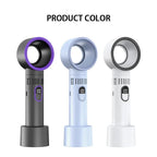 Trois ventilateurs portables sans pales, noir, bleu et blanc, avec affichage numérique, sur fond blanc. Design moderne et compact.