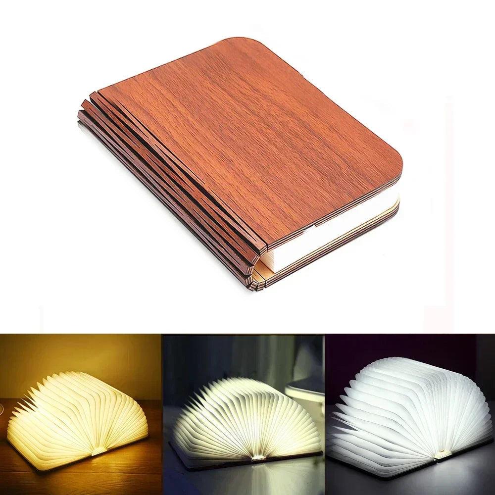 Livre lampe LED en bois ouvert, design innovant, lumière blanche, décoration intérieure moderne, éclairage d'ambiance, cadeau original.