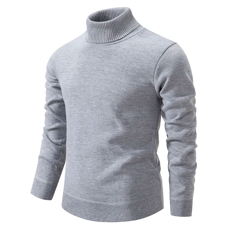 Pull col roulé gris pour homme, manches longues, en laine douce, style élégant et moderne, idéal pour l'hiver et les tenues décontractées.
