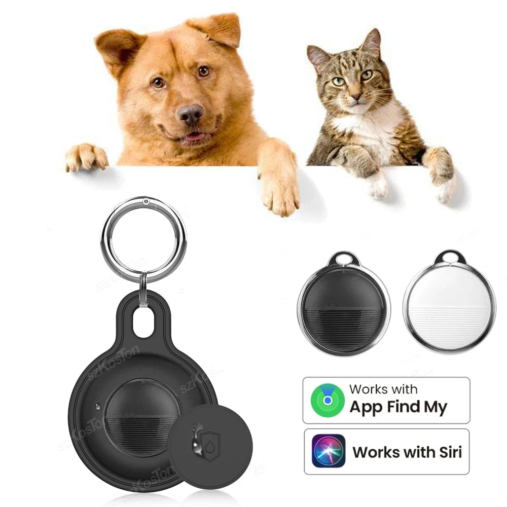 Porte-clés noir pour AirTag avec chien et chat en arrière-plan. Compatible avec App Find My et Siri. Accessoire de localisation pour animaux.