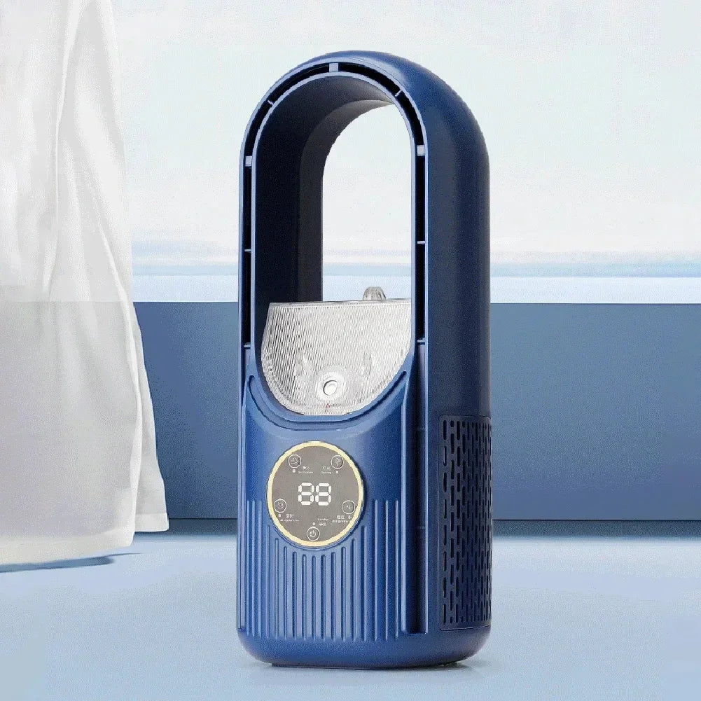 Purificateur d'air bleu moderne avec écran numérique, design sans pales, idéal pour maison, bureau, améliore qualité de l'air, technologie avancée.