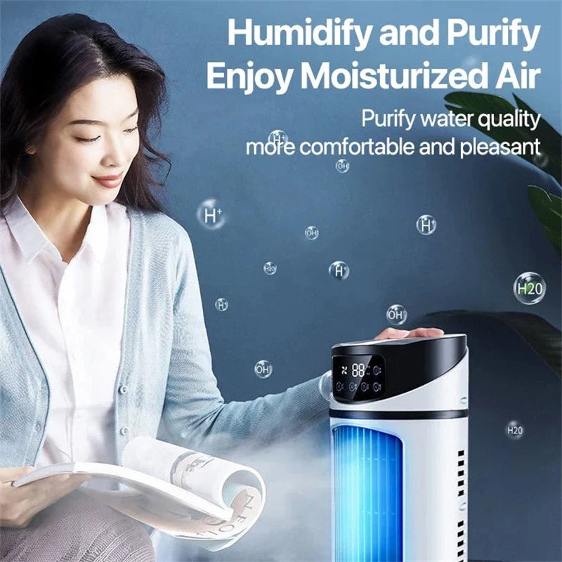 Femme utilisant un purificateur d'air moderne avec écran numérique, améliorant la qualité de l'air et l'humidité pour un environnement confortable.
