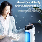 Femme utilisant un purificateur d'air moderne avec écran numérique, améliorant la qualité de l'air et l'humidité pour un environnement confortable.