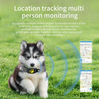 Chiot husky avec collier de suivi GPS, technologie de localisation, suivi à distance, application mobile, surveillance multi-personnes et animaux.
