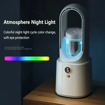 Ventilador de dormitorio sin hojas con refrigeración por pulverización y luz nocturna: minienfriador de aire silencioso para dormir mejor en verano