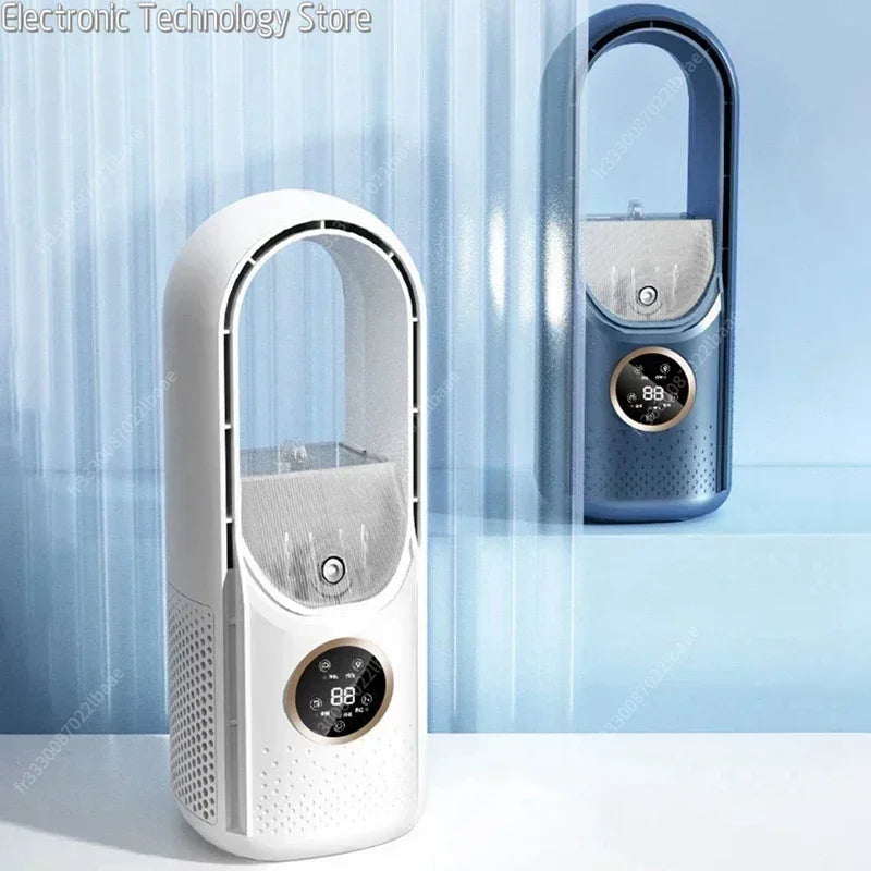 Purificateur d'air blanc moderne avec écran numérique, affichant la température et l'humidité, sur fond bleu. Design élégant et technologie avancée.