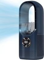 Ventilateur sans pales noir avec affichage numérique, diffusant de l'air frais. Design moderne, technologie avancée, idéal pour la maison ou le bureau.