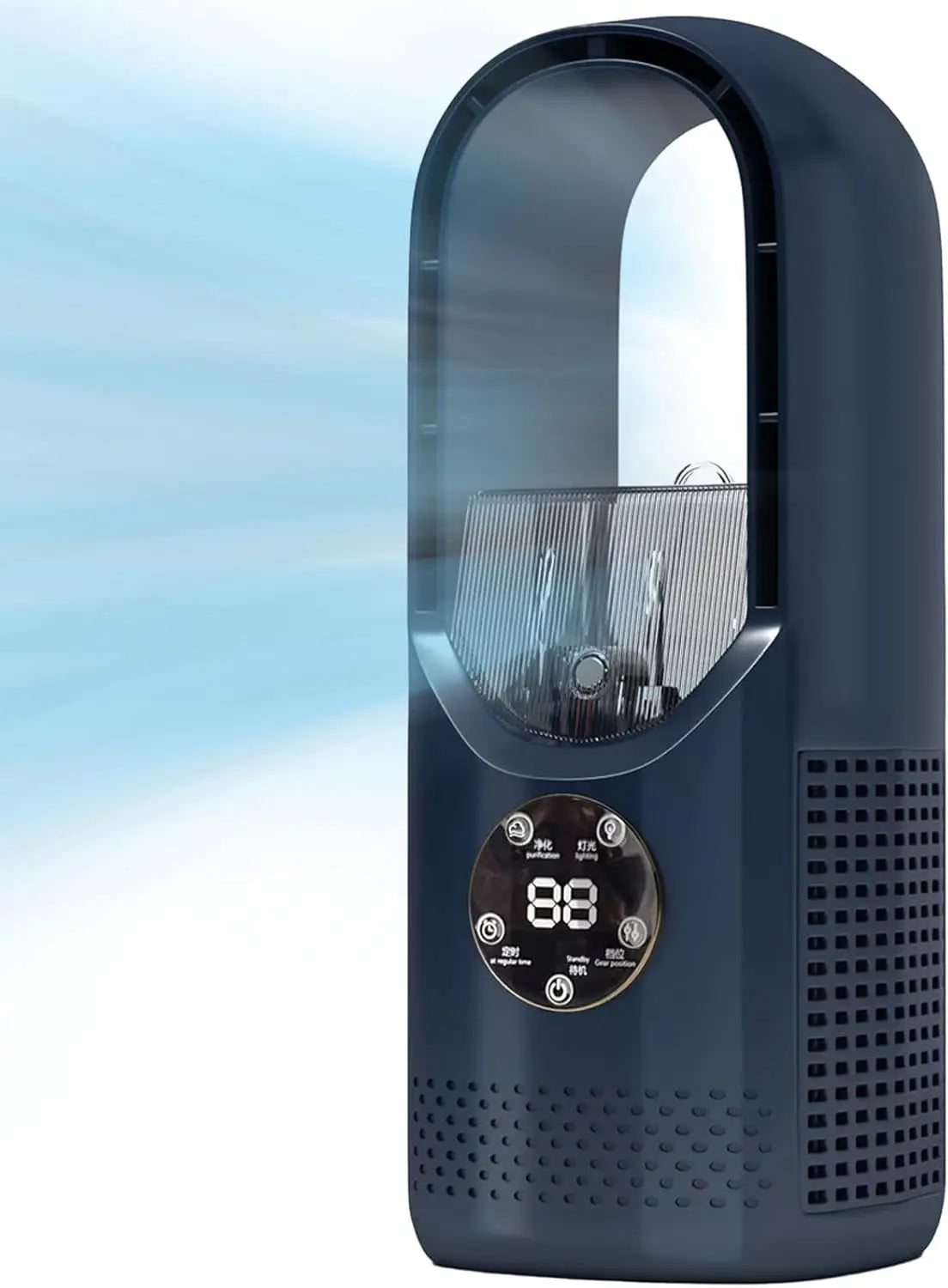 Ventilateur sans pales noir avec affichage numérique, diffusant de l'air frais. Design moderne, technologie avancée, idéal pour la maison ou le bureau.