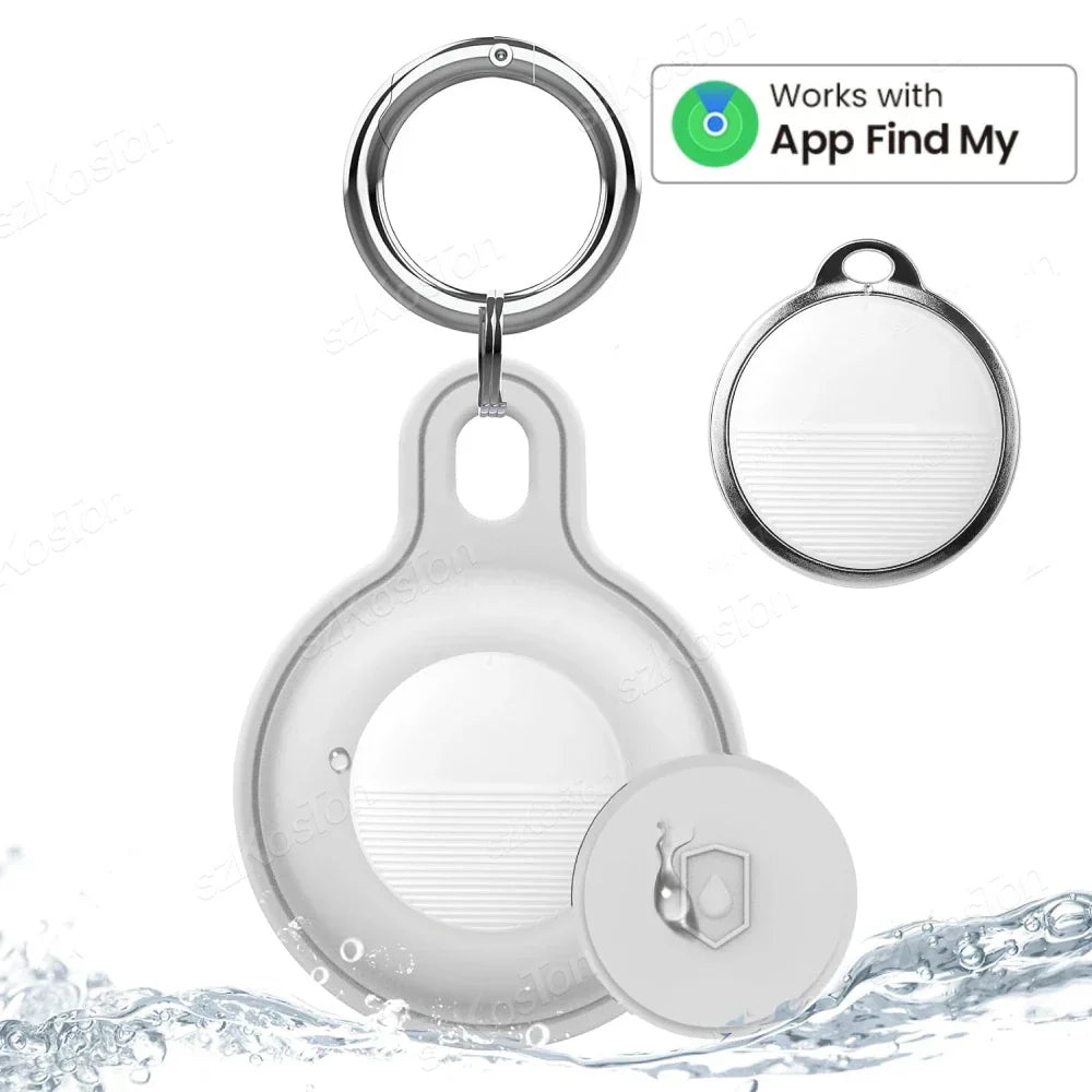 Porte-clés rond blanc compatible avec l'application Find My, flottant sur l'eau. Accessoire de localisation, design moderne et étanche.