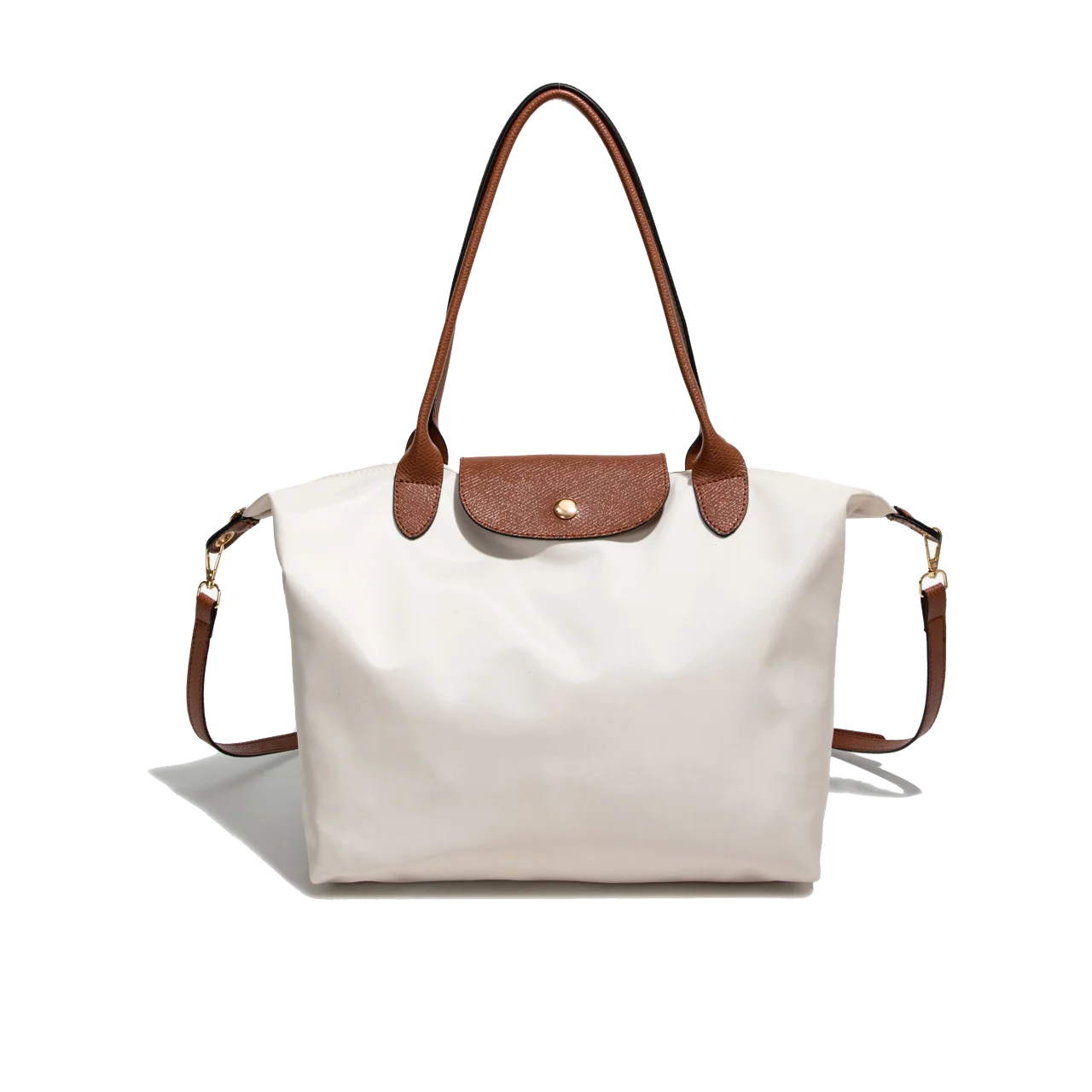 Sac à main blanc élégant avec poignées et rabat en cuir marron, design classique et chic, idéal pour la mode féminine et le quotidien.