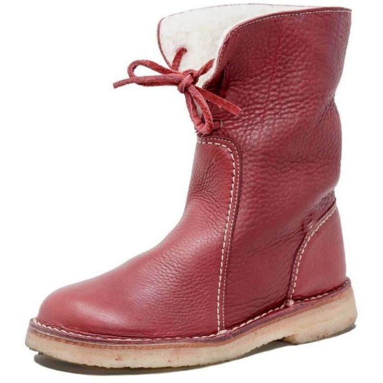 Botte en cuir rouge pour enfant avec lacets, semelle en caoutchouc beige, doublure en fourrure blanche. Chaussure d'hiver confortable et élégante.