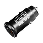 Chargeur de voiture intelligent noir, compatible Apple Find My, avec connecteur USB, idéal pour localiser et charger des appareils en déplacement.