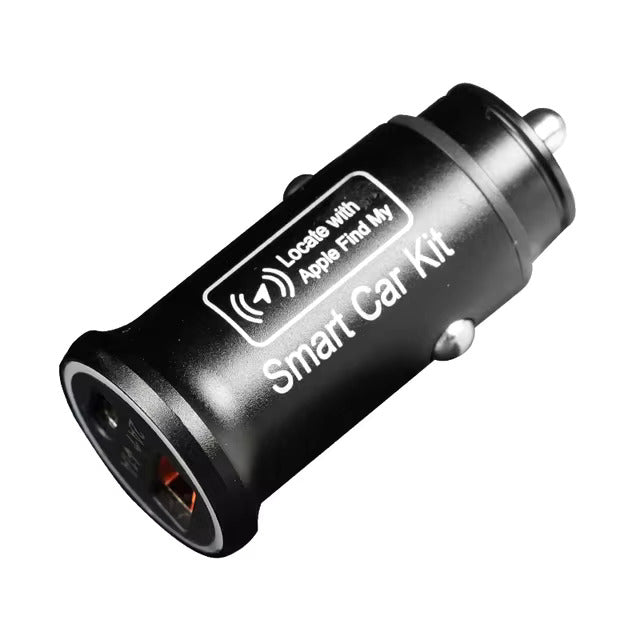 Chargeur de voiture intelligent noir, compatible Apple Find My, avec connecteur USB, idéal pour localiser et charger des appareils en déplacement.
