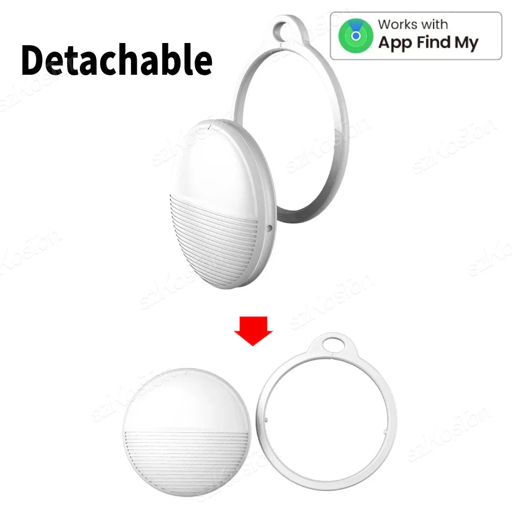Porte-clés détachable blanc compatible avec l'application Find My, design ovale moderne, idéal pour localiser facilement vos objets personnels.