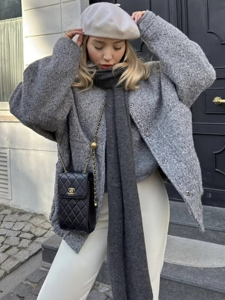 Luna - Manteau oversize en laine à col rond et boutons