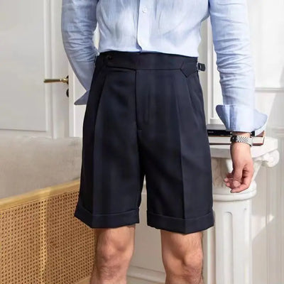 Pantalones cortos ajustados para hombre - 100 % algodón - Pliegues delanteros - Dobladillo con puños - Largo hasta la rodilla