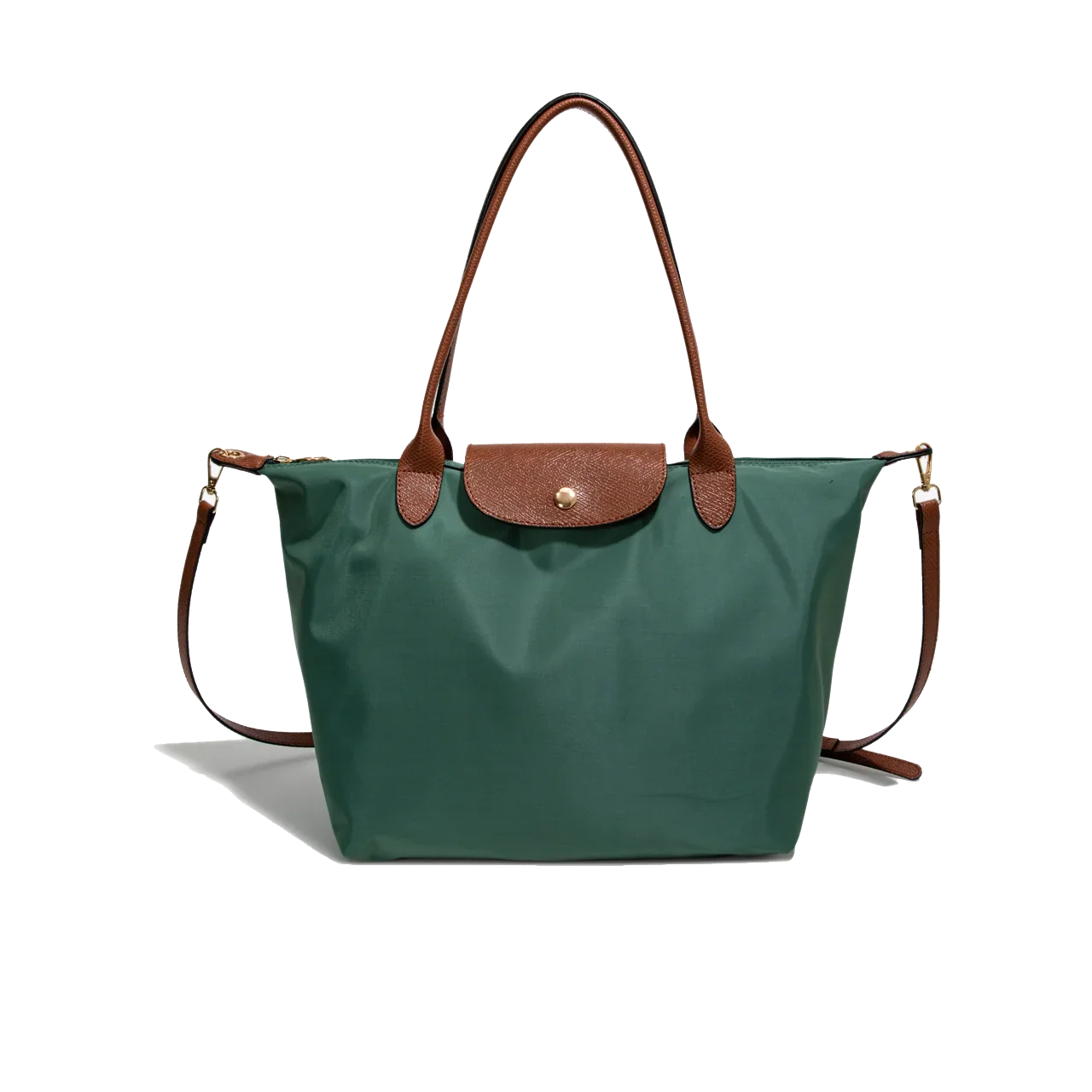 Sac à main vert en nylon avec anses et rabat en cuir marron, design élégant et pratique, idéal pour la mode féminine et le quotidien.