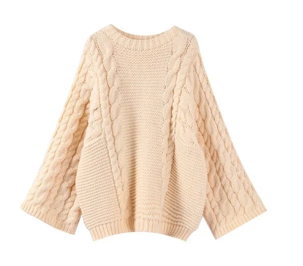 Pull en maille torsadée beige, manches longues, style décontracté, idéal pour l'automne et l'hiver. Mode femme, tendance et confortable.