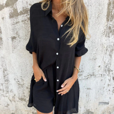Conjunto de lino aireado: blusa y pantalones cortos de talla grande