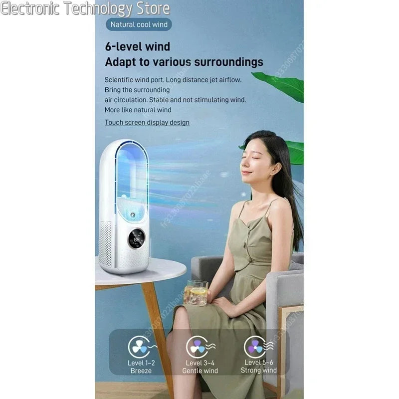 Femme assise près d'un ventilateur tour moderne avec écran tactile, réglage à 6 niveaux de vent, design élégant, adapté à divers environnements.