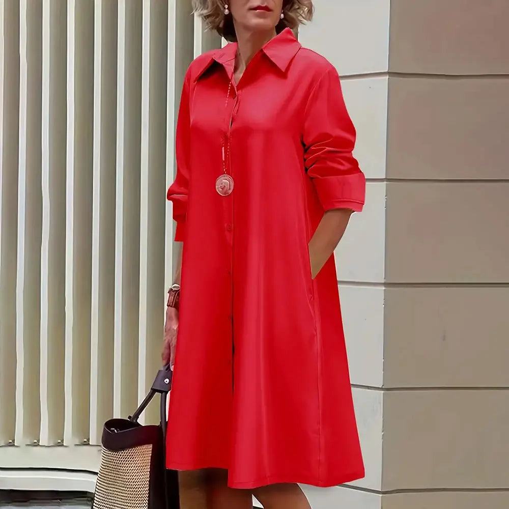 Vestido camisero de corte A para mujer, abotonado, manga larga, cuello clásico y largo hasta la rodilla.