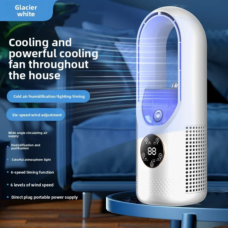 Ventilateur sans pales blanc avec écran numérique, réglage à six vitesses, fonction humidification, lumière d'ambiance colorée, design moderne.