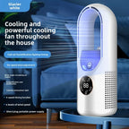 Ventilateur sans pales blanc avec écran numérique, réglage à six vitesses, fonction humidification, lumière d'ambiance colorée, design moderne.