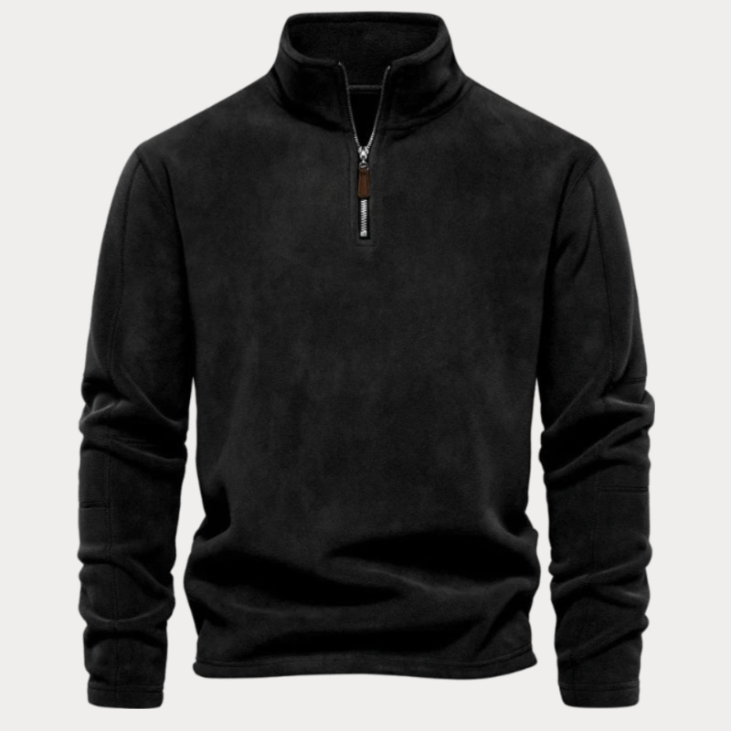 Pull polaire noir pour homme avec fermeture éclair, col montant. Vêtement chaud et confortable, idéal pour l'hiver et les activités en plein air.