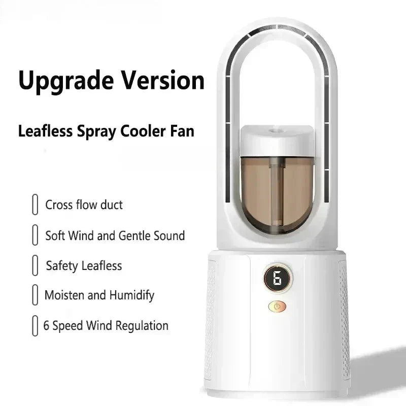 Ventilateur sans pales avec brumisateur, version améliorée, affichage numérique, régulation à 6 vitesses, humidification, conduit d'air croisé, design moderne.