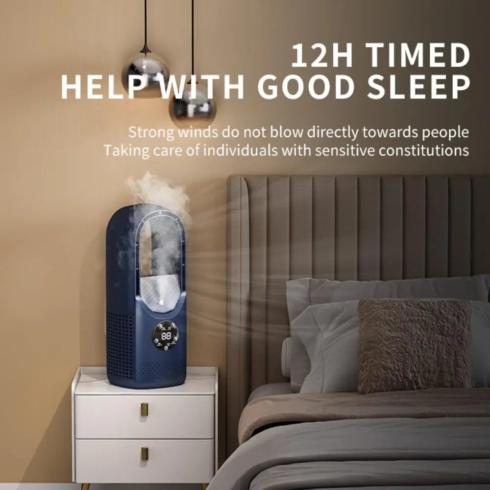 Purificateur d'air bleu sur table de chevet blanche dans une chambre moderne, affichant un écran numérique. Design élégant, idéal pour un sommeil réparateur.