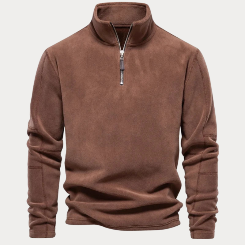 Pull polaire marron pour homme avec fermeture éclair demi-longueur, col montant. Vêtement chaud et confortable, idéal pour l'hiver et les activités extérieures.