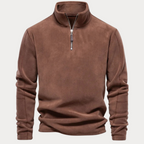 Pull polaire marron pour homme avec fermeture éclair demi-longueur, col montant. Vêtement chaud et confortable, idéal pour l'hiver et les activités extérieures.