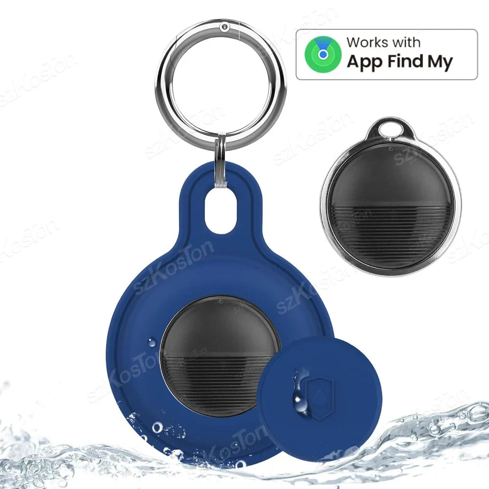 Porte-clés traqueur Bluetooth bleu, compatible avec l'application Find My, résistant à l'eau, idéal pour localiser objets perdus.