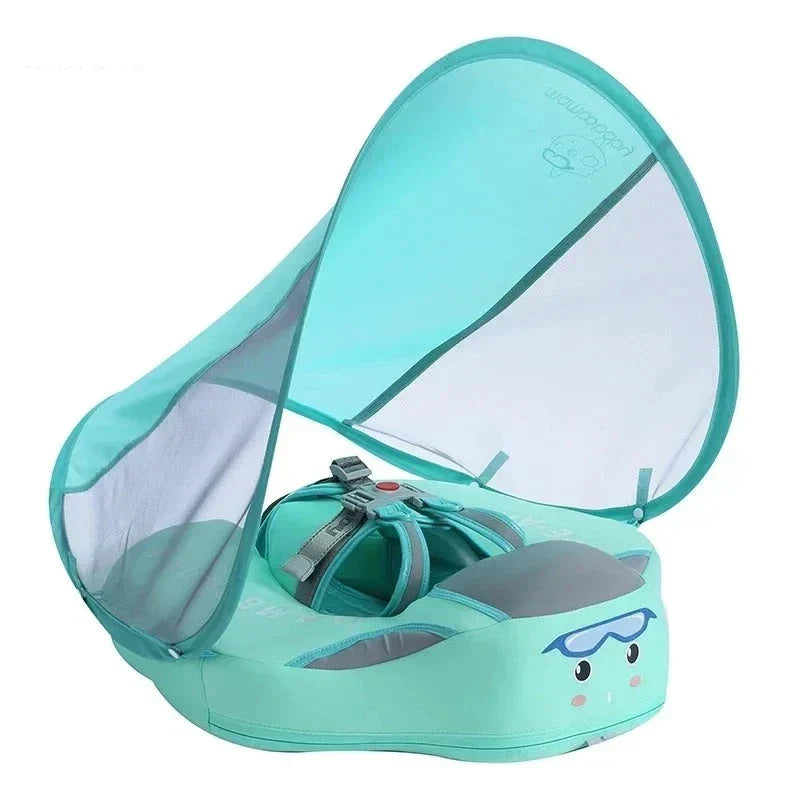 Bouée bébé turquoise avec auvent amovible, harnais de sécurité et design mignon. Accessoire de piscine idéal pour la sécurité des enfants.
