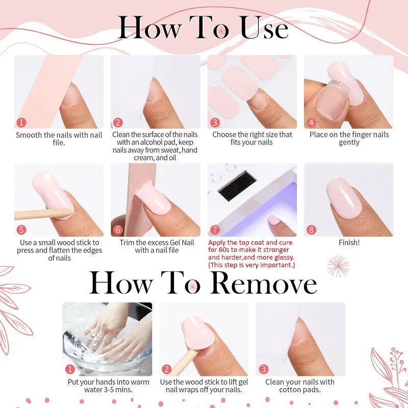 Guide étape par étape pour appliquer et retirer des ongles en gel. Inclut des instructions visuelles pour lisser, nettoyer, appliquer et retirer.