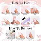 Guide étape par étape pour appliquer et retirer des ongles en gel. Inclut des instructions visuelles pour lisser, nettoyer, appliquer et retirer.