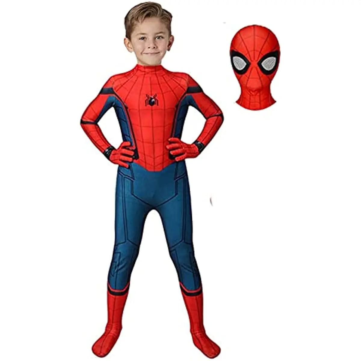 Enfant en costume de Spider-Man rouge et bleu avec masque séparé, mains sur les hanches. Costume super-héros pour enfants, déguisement populaire.