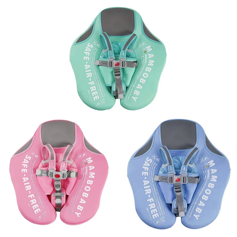 Trois bouées de natation pour bébé, vert, rose et bleu, avec harnais de sécurité, marque Mambobaby, texte "Safe Air Free".