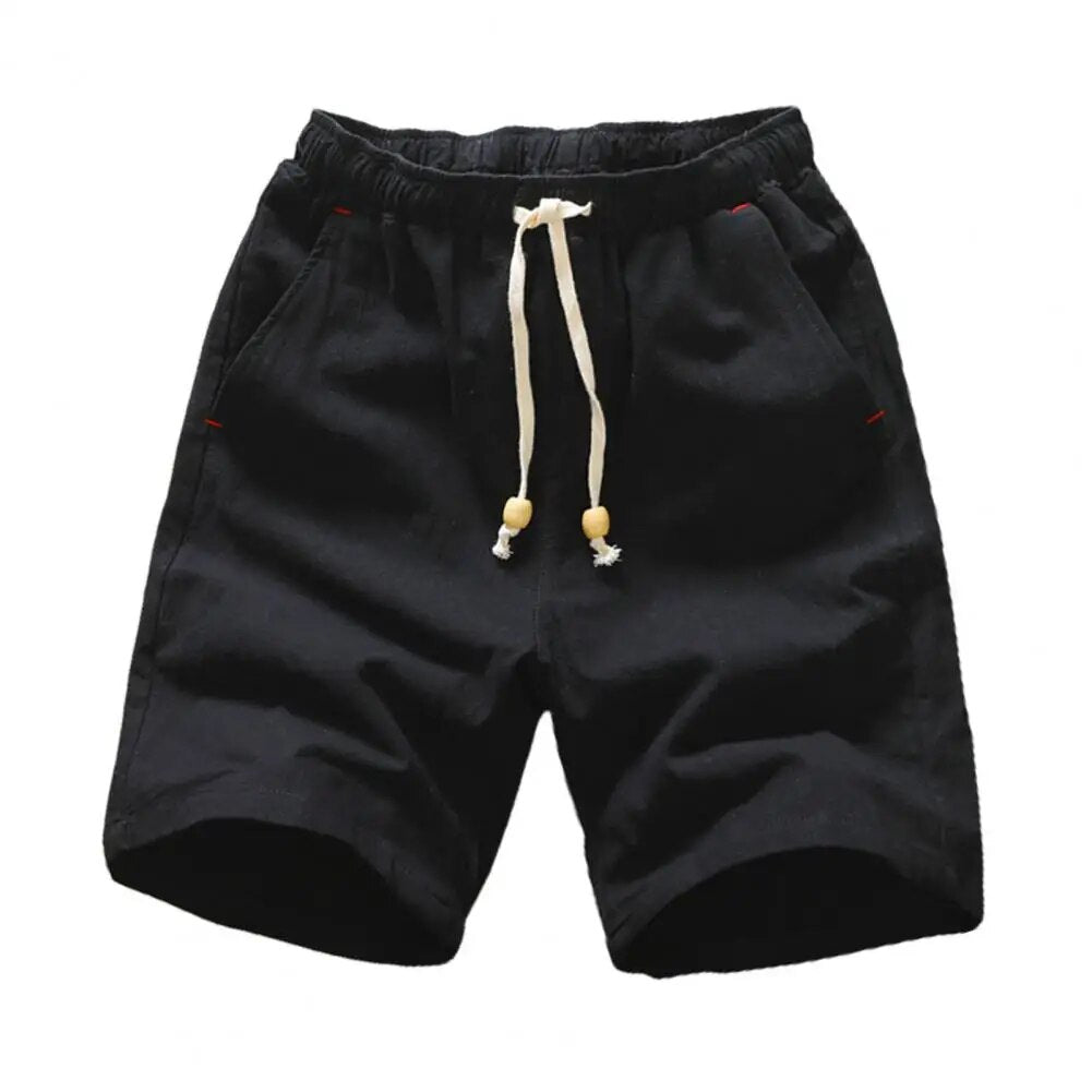 Short noir en lin pour homme avec cordon de serrage blanc, poches latérales. Style décontracté, idéal pour l'été et les loisirs.