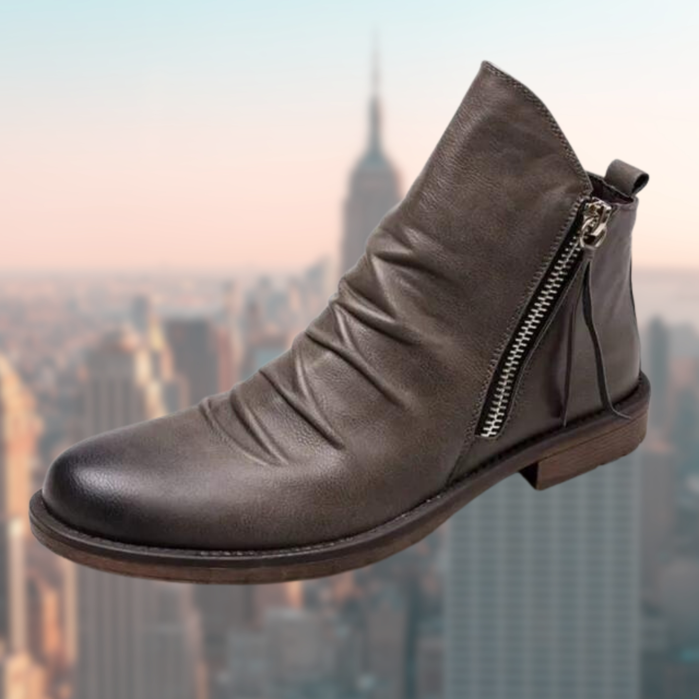 Bottine en cuir marron avec fermeture éclair, design plissé, fond flou de skyline urbain. Chaussure élégante, mode automne-hiver, tendance urbaine.