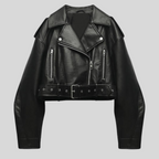 Veste en cuir noir pour femme, style motard, avec fermeture éclair asymétrique et ceinture ajustable. Mode tendance, vêtement rock chic.