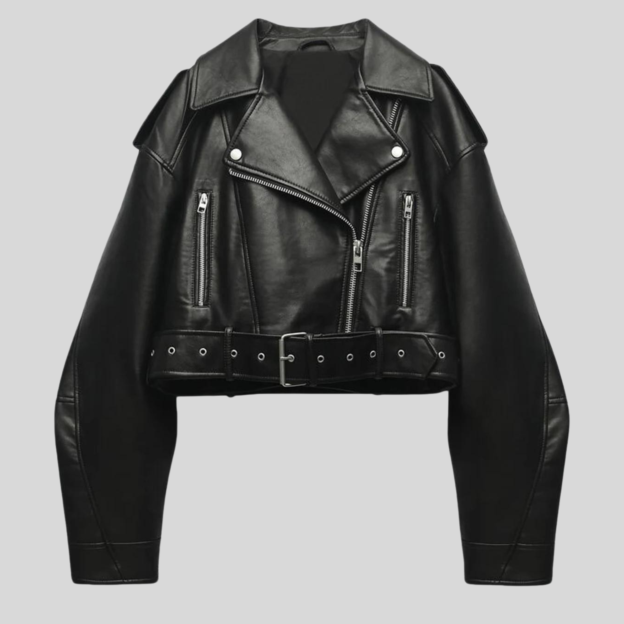 Veste en cuir noir pour femme, style motard, avec fermeture éclair asymétrique et ceinture ajustable. Mode tendance, vêtement rock chic.