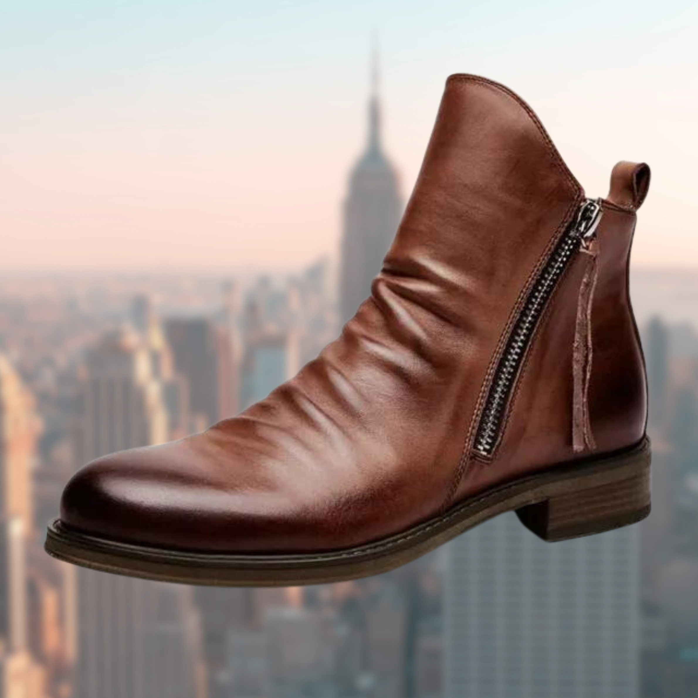 Bottine en cuir marron avec fermeture éclair, talon bas, sur fond flou de skyline urbaine. Chaussure élégante, mode automne-hiver, style urbain.