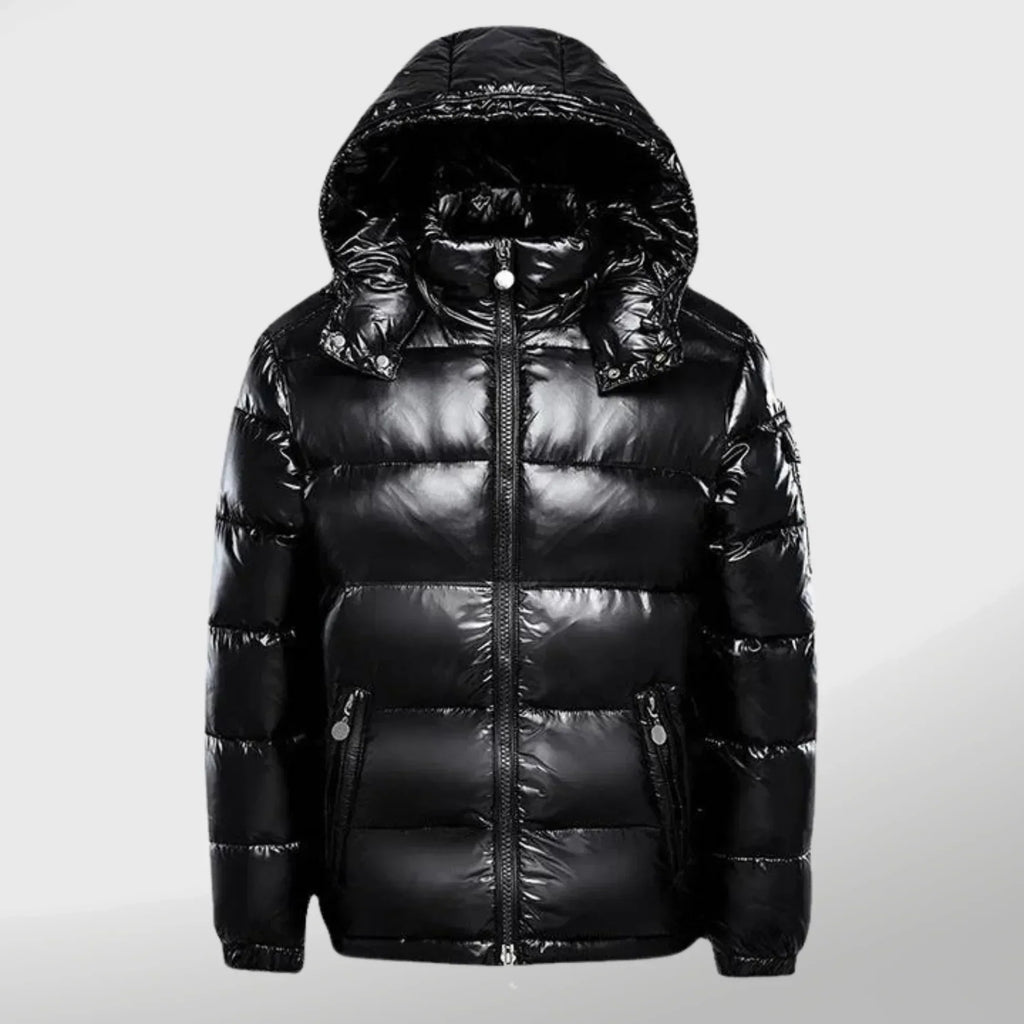 Doudoune noire brillante avec capuche, fermeture éclair, poches zippées. Veste hiver chaude, tendance, idéale pour temps froid.