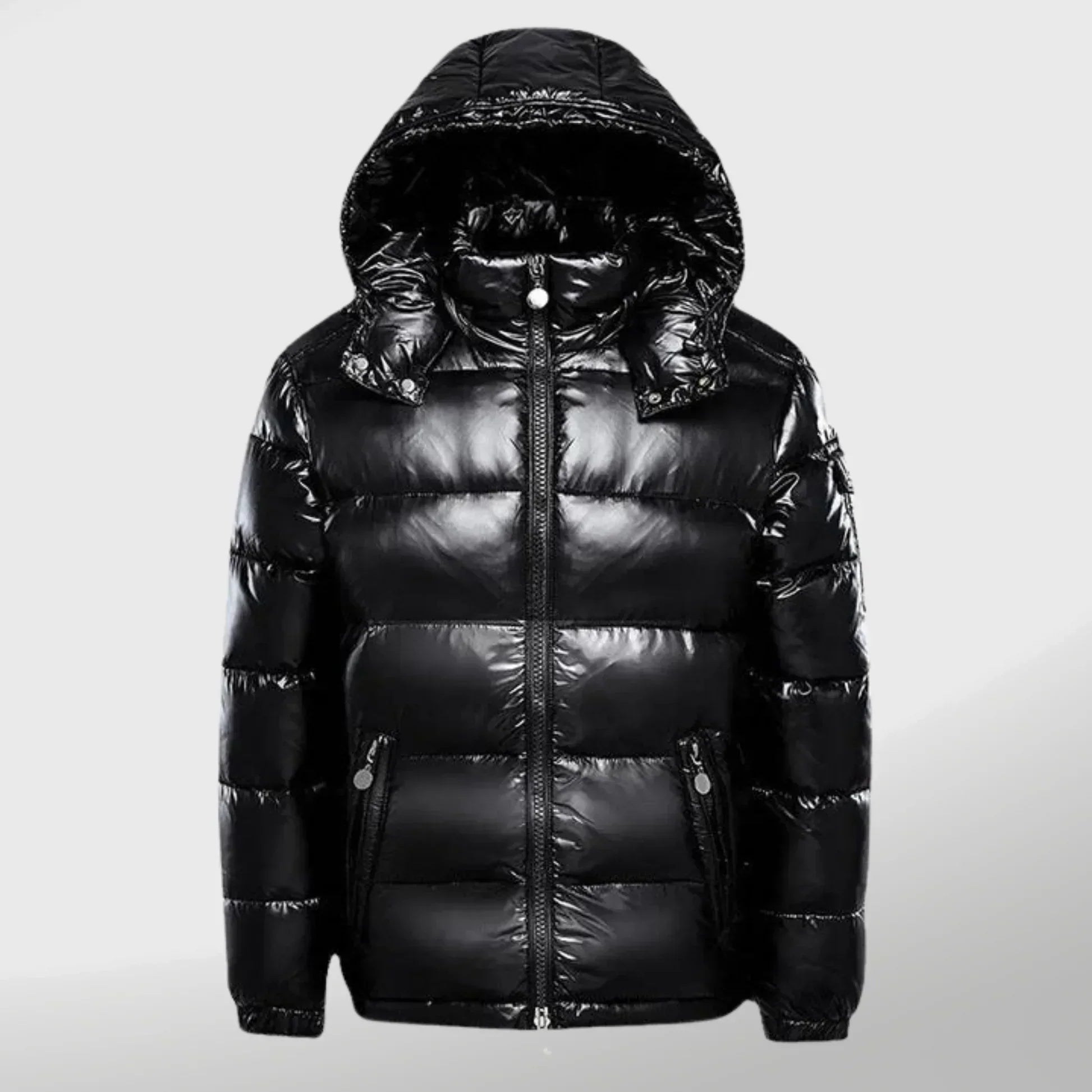 Doudoune noire brillante avec capuche, fermeture éclair, poches zippées. Veste hiver chaude, tendance, idéale pour temps froid.